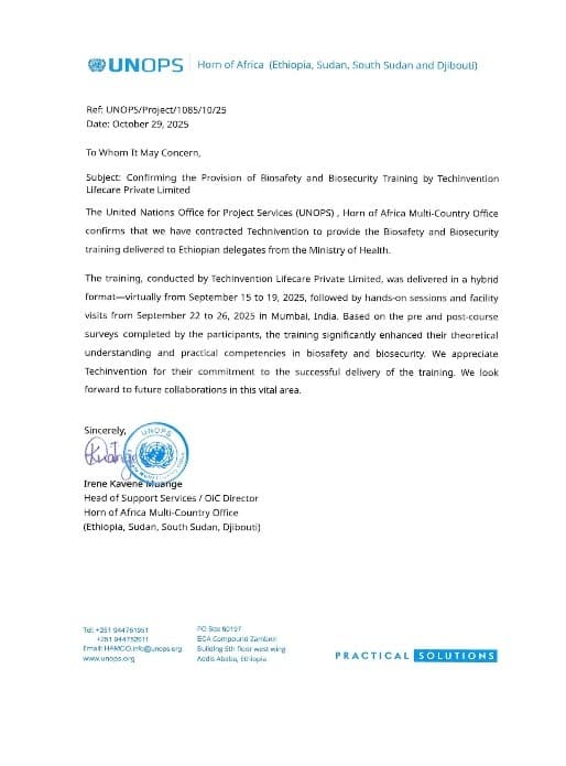 Client Feedback Letter - UNOPS Biosafety & Biosecurity Training